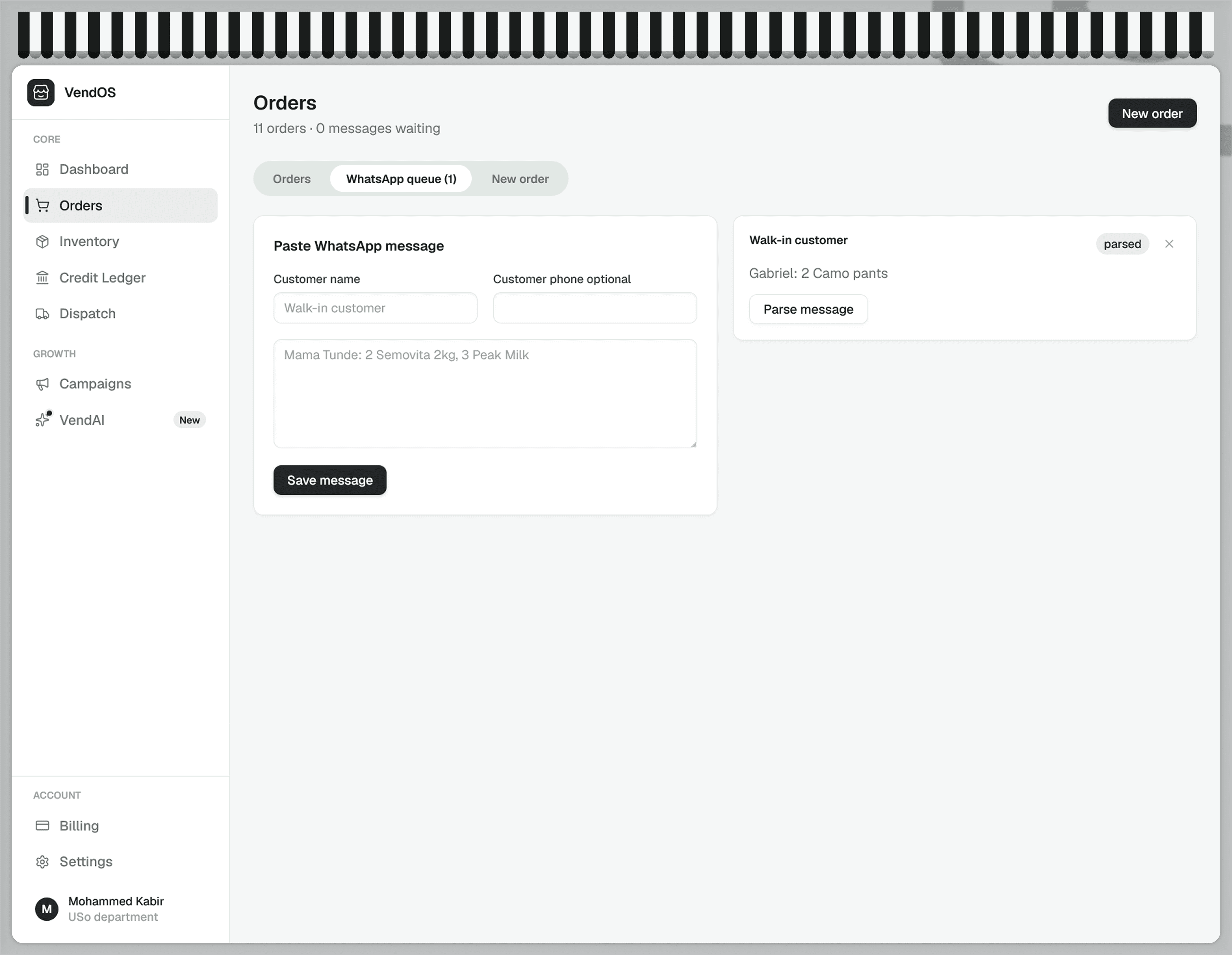 VendOS orders workspace